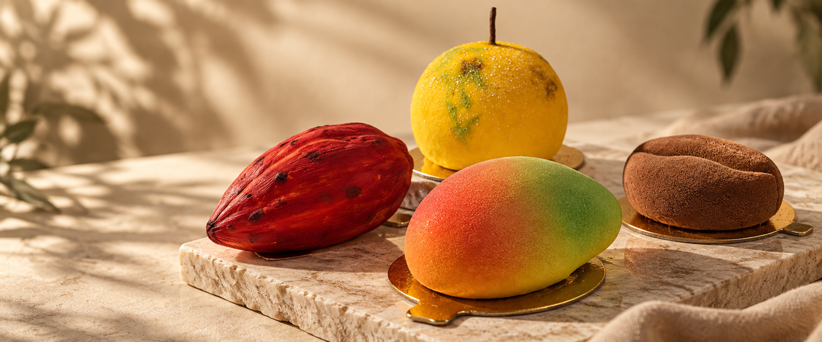 Entremets artesanais da Nalina em formatos de frutas e grão de café sobre uma base de pedra.